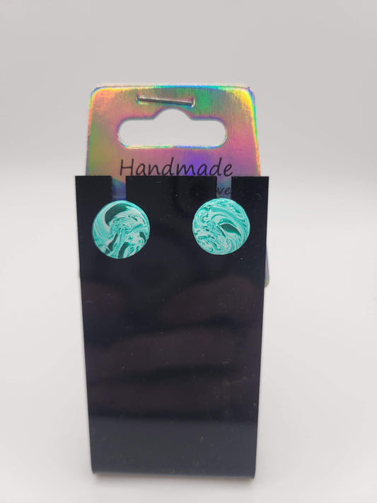 Round Stud Teal/White Tie Dyed | Clay Earrings