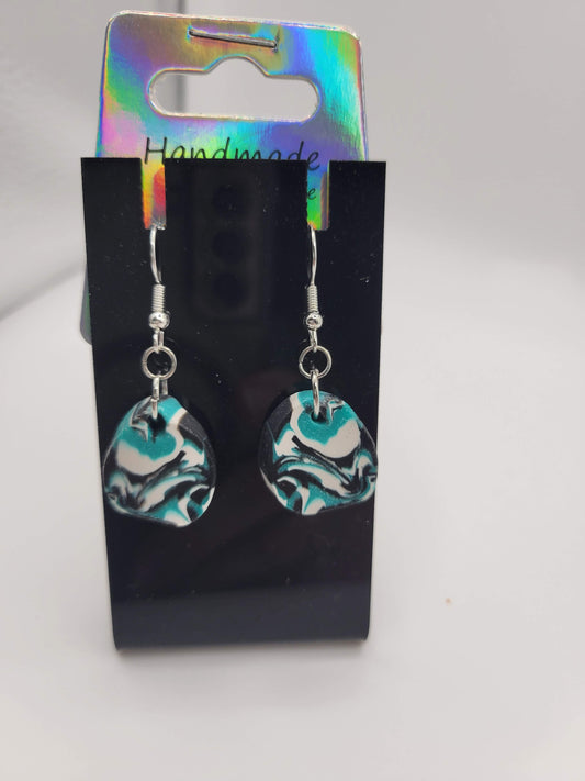 Oval Teal/Black/White Tie Dyed | Clay Earrings