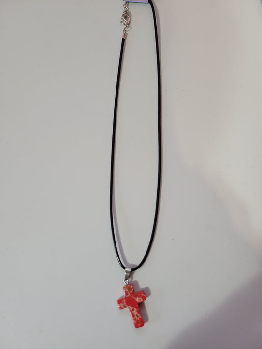 Red w/White Marble Cross | Corded Necklace - 18"