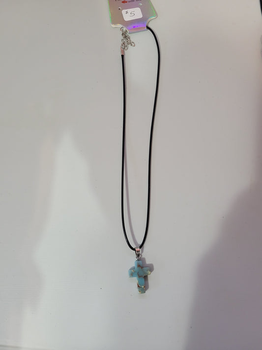 Ocean Blue w/Red and White Marble Cross | Corded Necklace - 18"