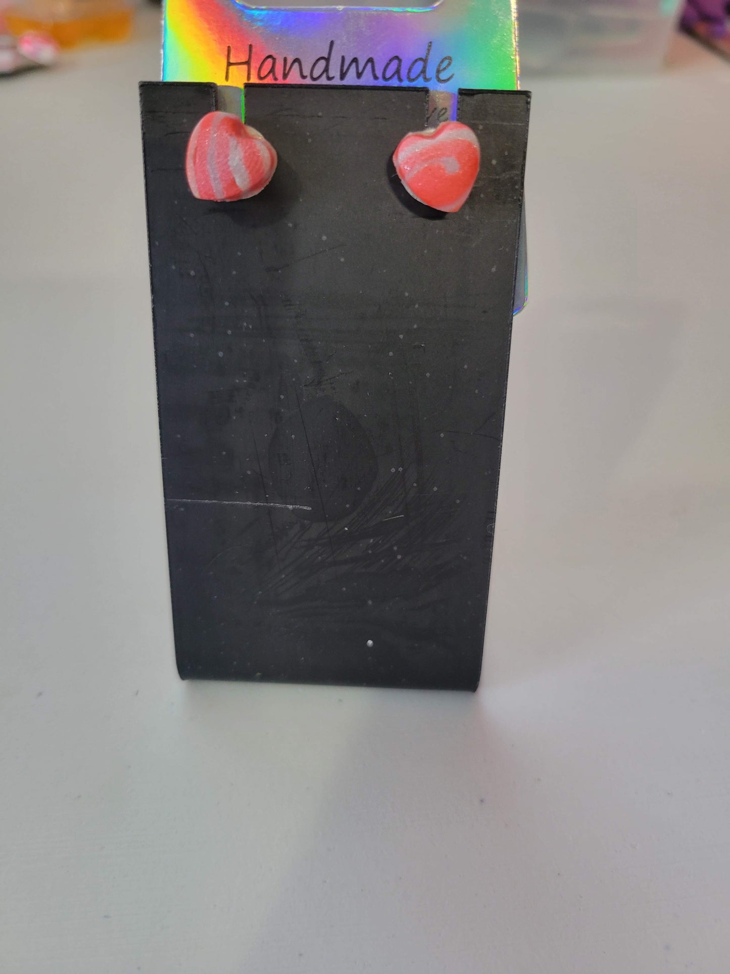Heart Pink/Gray Swirl Stud| Clay Earrings