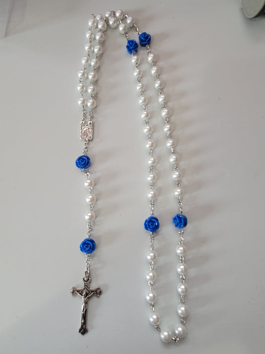 Blue Roses/White Beads |Rosary