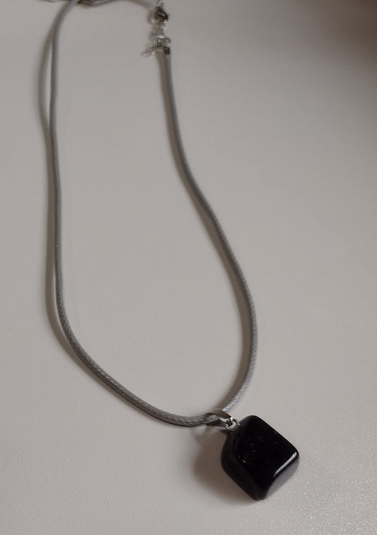 Black Stone | Silver Corded Necklace - 18"